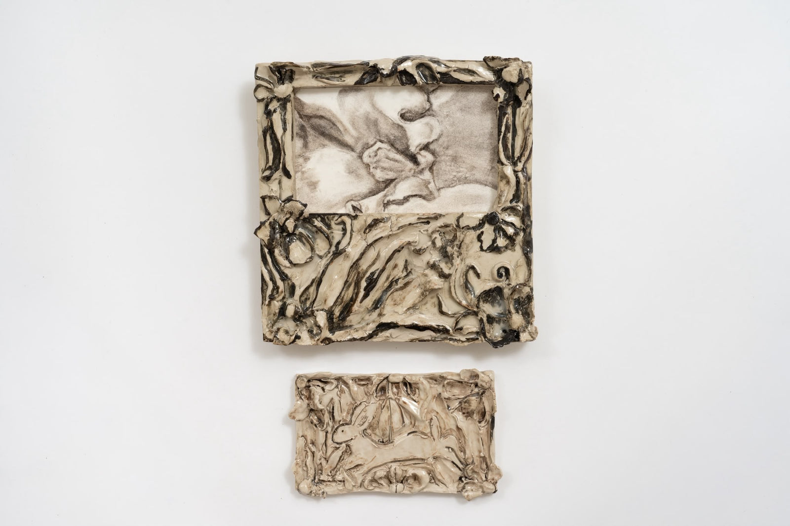 Night Shrine, 2026 Stoneware, glaze; charcoal on paper Two parts: h 27 x 26 cm (h 10,62 x 10,23 in) h 12 x 19.5 cm (h 4,72 x 7,67 in)