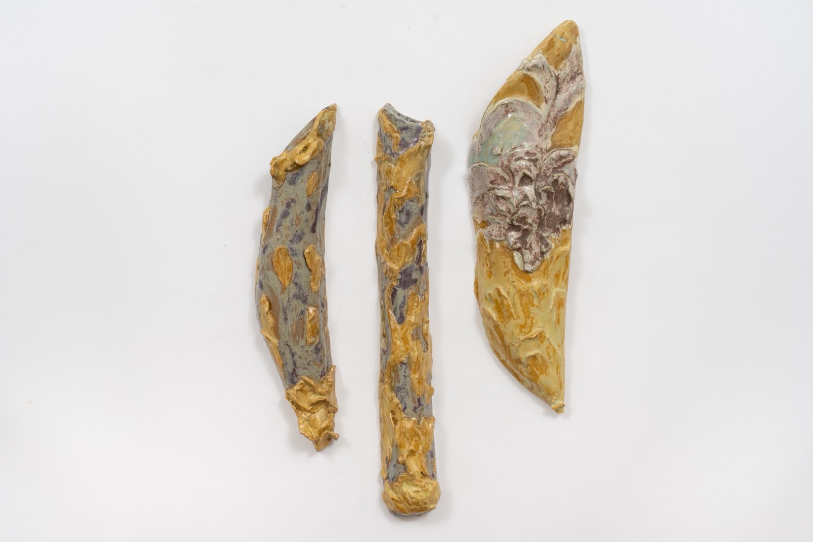 Vessels, 2026 Stoneware, glaze Three parts: h 26 x 5.5 cm (h 10,23 x 2,16 in) h 31 x 4 cm (h 12,2 x 1,57 in) h 29 x 8 cm (h 11,41 x 3,14 in)